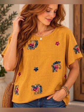 Mustard Embroidered Floral Boho Blouse Top S/M